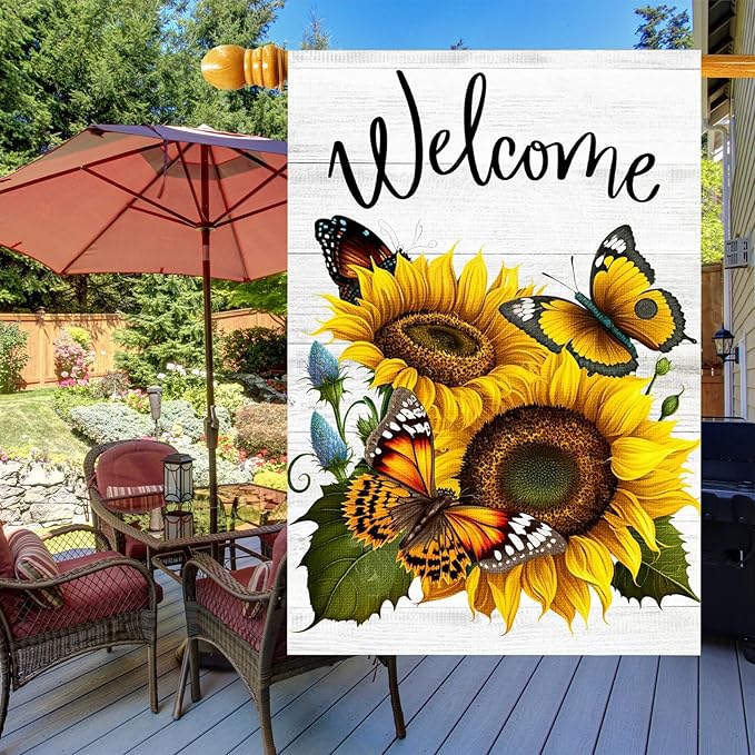 Summer Sunflower Butterfly Garden Flag 12x18 inch Double Sided Welcome Burlap House Flag, Small Outdoor Yard Flag for Garden Porch Farmhouse Decor