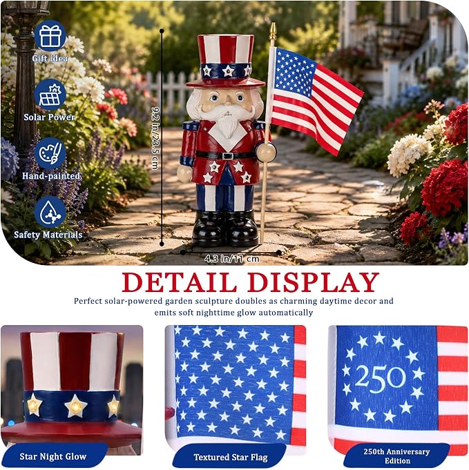 Nacome Solar Nutcracker Soldier Garden Statue: American Flag Figurine for Patriotic Outdoor Lawn Porch Patio Yard Decorations - Gifts for Mom Grandma Women