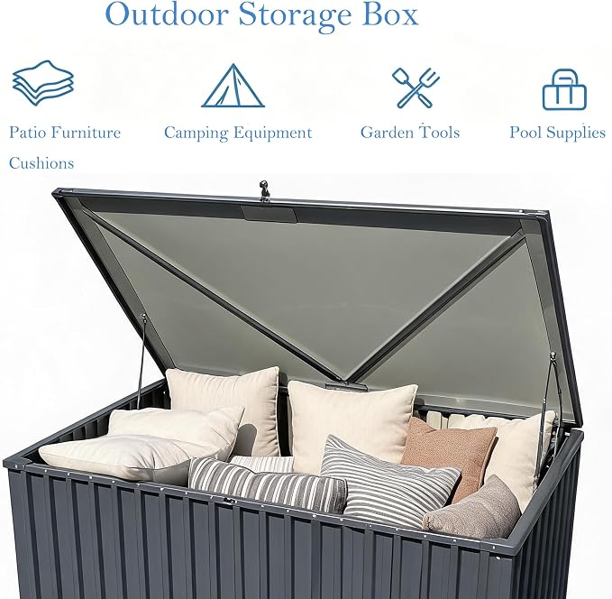 Garvee Outdoor Storage Box, 115 Gallon Waterproof Metal Storage Box, Outdoor Deck Boxes, UV Resistant Patio Storage Box with Lockable Lid for Patio Furniture Cushions, Pillows, Garden Tools, Blank