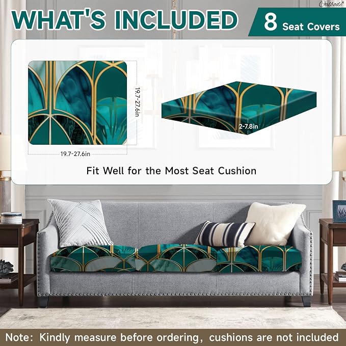CALBODE 8Pcs Stretch Patio Cushion Cover, Art Deco Geometric Pattern Couch & Sofa Slipcovers for Patio Furniture Cushions Washable Reusable Couch Covers Replacement for All Season(Green, Cover Only)