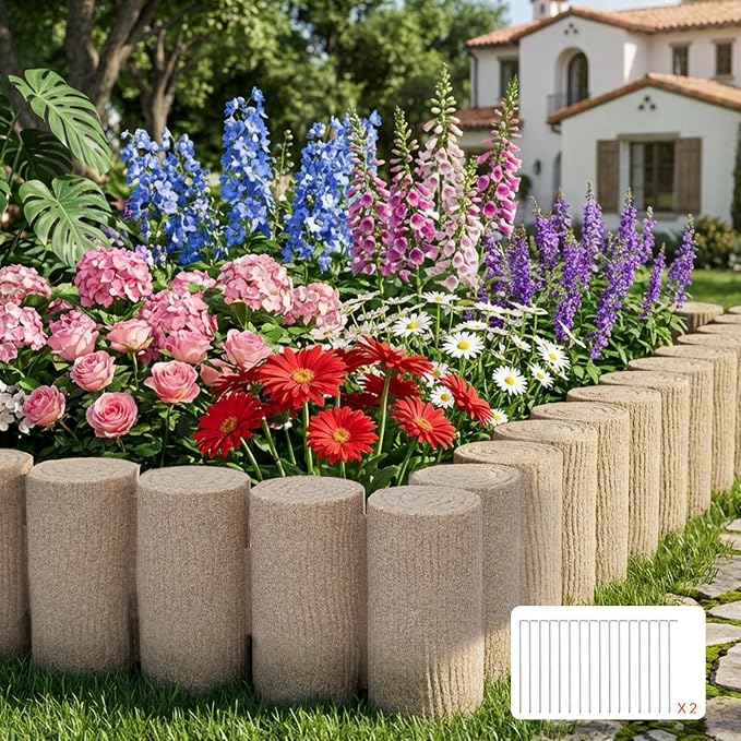 VEVOR No Dig Garden Edging Border, Faux Wood Landscape Edging, Flexible Plastic Lawn Edging for Tree, Flower Bed, Pathway, Yard, 4 Pack 10 Blocks 41.14"L x 3.74" W x 7.48"H, 32 Spikes Included, Beige