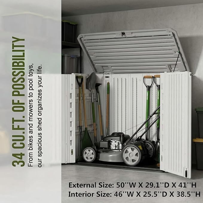 Horizontal Resin Outdoor Storage Shed, 34 Cu. Ft Weatherproof Storage Cabinet, Easy Assembly, Outdoor Storage Box for Backyards, Garden, Pool, No Shelf Included (White)