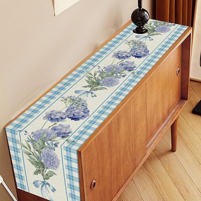 Blue Floral Table Runner, Rustic Watercolor Hydrangea Spring Summer Seasonal Flower Butterfly Coffee Table Center Decor for Family Kitchen and Dining Party FarmhouseTable Decorations, 13"x108"