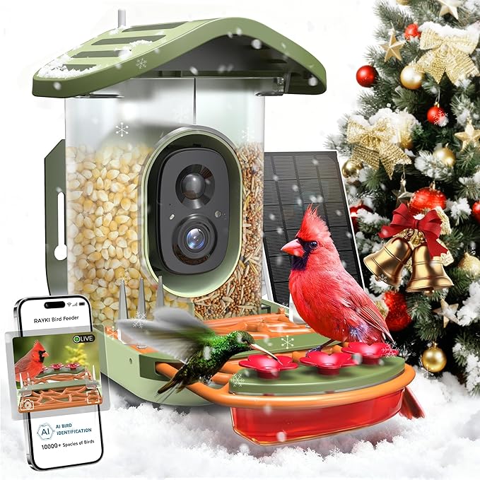Rayki Smart Bird Feeder with Camera Solar Powered, 2k Hd Live Video & Ai Identification 10,000+ Bird Species, Outdoor Watching Birdhouse for Garden, Ideal Birthday, Christmas Day Gift for Lover