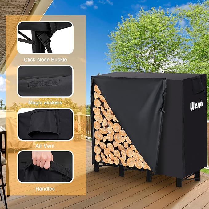Werph 4FT Firewood Rack Outdoor,Heavy Duty Firewood Storage Rack,Outdoor Firewood Rack with Cover,Wood Rack Log Rack for Outdoor & Indoors, Black