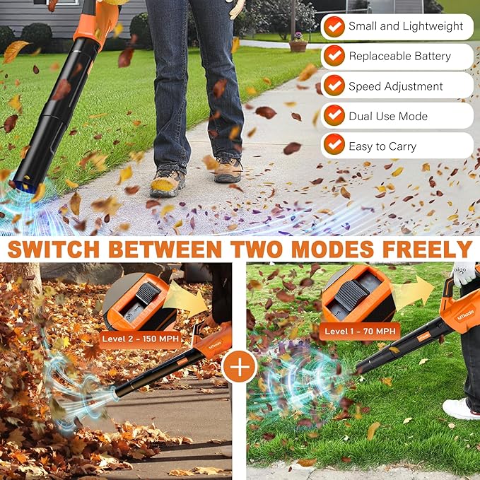 2026 Upgrade Leaf Blower, Leaf Blower Cordless with 2 * 2.6AH Batteries and Fast Charger, 450CFM &150MPH and 2 Speed Mode, Lightweight Electric Leaf Blowers for Lawn, Yard, Leaves, Dust Care (Orange)