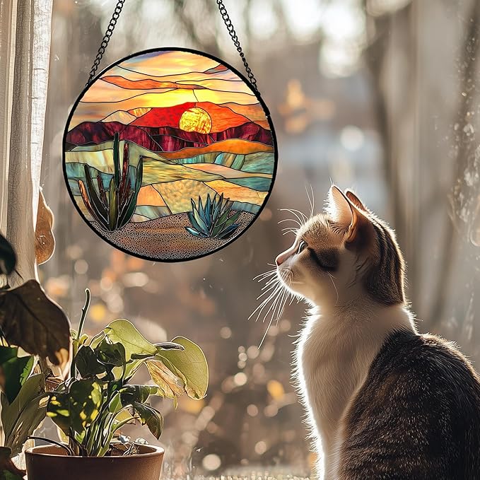DASTOLL Stained Glass Window Hanging, Golden Landscape Dusk Sunset Suncatcher for Doors Window Home Cactus Sun Catchers Decoration Mother's Day Birthday Gifts for Women, Men, and Mom 6.3 in