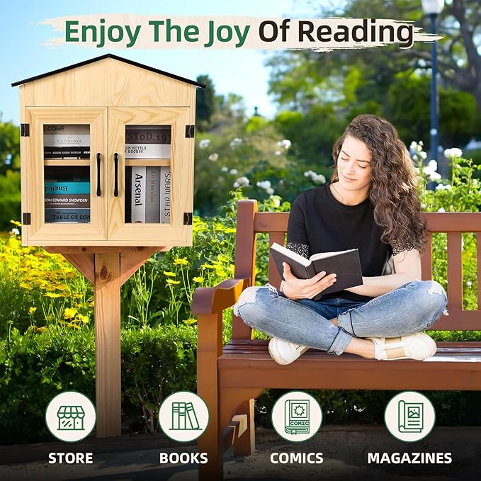 Outdoor Library Outdoor Book Box Storage Small Wooden Cabinet Little Literature Box for Neighborhoods Community and Schools Sharing Books, Flyers, Newspapers