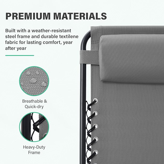 JEAREY Zero Gravity Lounge Chairs Set of 2, Adjustable Steel Mesh Recliners with Pillows and Cup Holder Trays for Patio, Garden, Beach, Light Grey