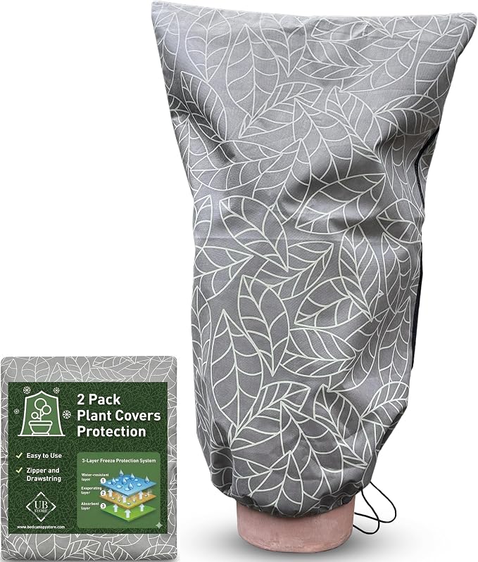 Plant Covers Freeze Protection 32"x47" in 2 Pack | Brown Winter Frost Blankets for Outdoor Plants | Reusable Garden Cover Bags with Zipper Drawstring | Cold Weather Shrub Protection Cloth