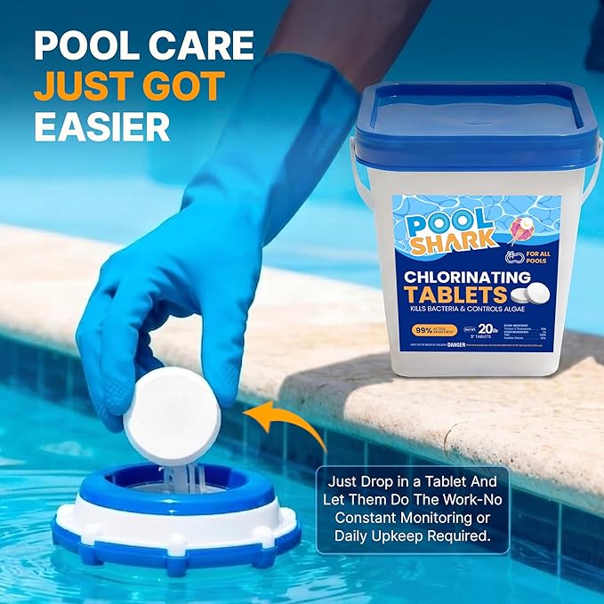 Pool Shark Swimming Pool Chlorine Tablets | 3-Inch Chlorine Tablets | 20 lbs | Slow-Dissolving 90% Active Chlorine Tabs | Pool Chemicals for Inground Pools, Above Ground Pools, Saltwater, Spa, Hot Tub