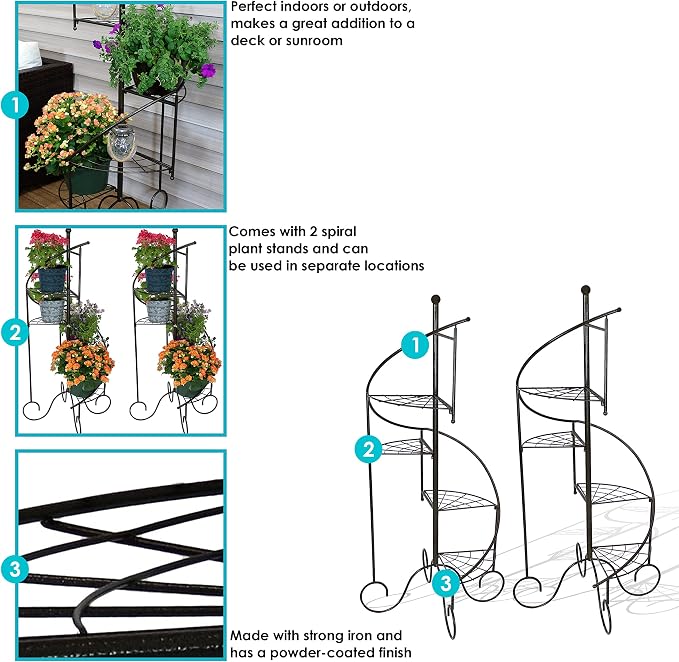 Sunnydaze 4-Tier Metal Iron Plant Stand, Spiral Staircase Design, Set of 2, 56-Inch