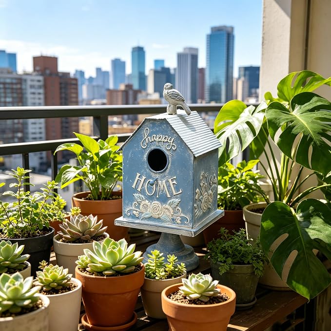 Rustic Blue Metal Bird House, Decorative Bird House with Happy Home Accents & Bird Topper, Standing Design Bird Home - Ideal Outdoor Garden Decor