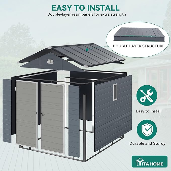 YITAHOME 8x9FT Resin Storage Unit sans Flooring, All-Weather Plastic Shed with Window, Vents and Secured Doors, Outdoor Plastic Tool Cabin for Poolside, Lawn, Backyard, Patio, Dark Gray