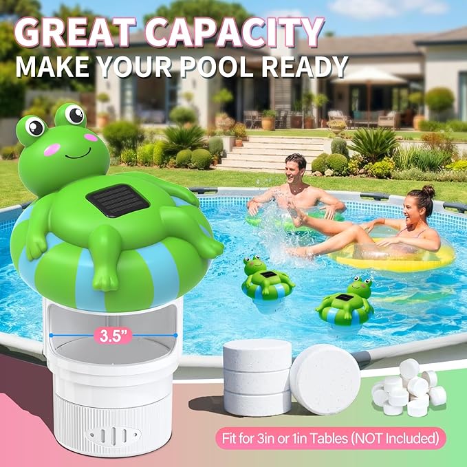 Blufree Pool Chlorine Floater, Frog Solar Chlorine Floater Glow in The Dark Fits 4x3'' Tablets, Adjustable Flow & Large Capacity Floating Chlorine Dispenser for Pool, Hot Tub Spa (Green, 9 in)
