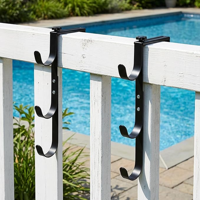 2 Pcs Three-layer Pool Fence Hooks for Pool Equipment, Adjustable Pool Pole Hanger Holder, Rustproof Swimming Pools Skimmer Pole Hooks for Hanging Tool, Hose, Leaf Rakes, Nets Pool-Accessories (Black)
