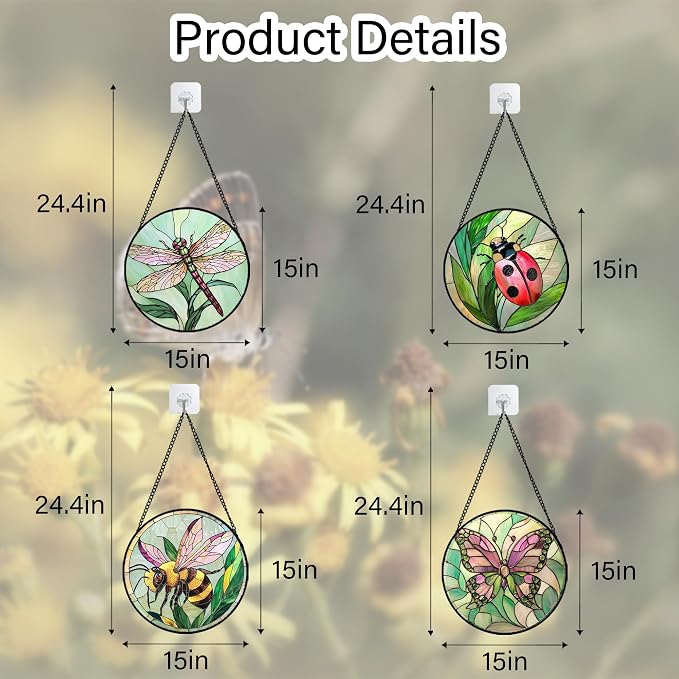 DASTOLL Stained Glass Window Hanging 4 Pcs Set Pink Green Insect Theme Large 15" - Butterfly Suncatcher Door Garden Sun Catcher Decor Birthday Christmas for Mom Woman Nana Men