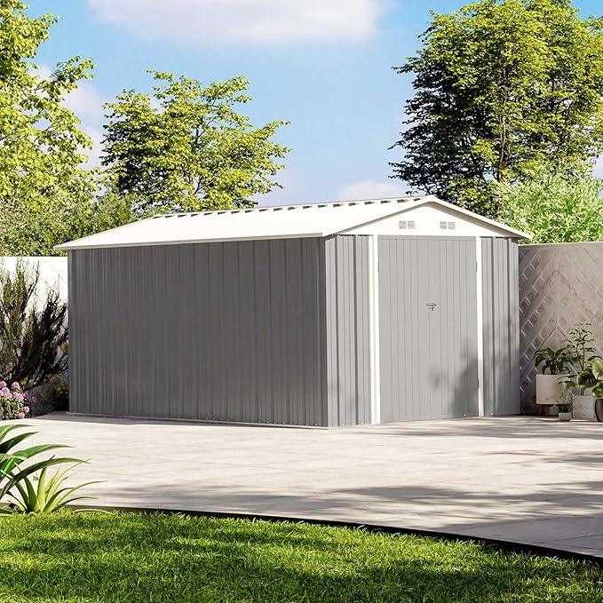 Patiowell 12 x 8 FT Outdoor Storage Shed, Large Metal Shed Storage with Lockable Doors and Steel Frame, Utility Tool Outside Storage Shed for Garden, Patio, Backyard, Gray