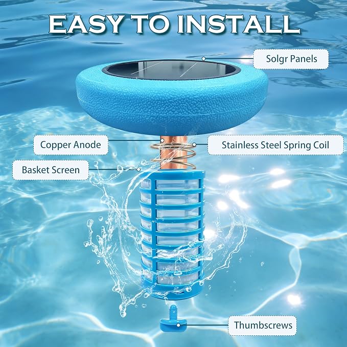 Solar Pool Ionizer - Floating Ionizer Cleaner Up to 40,000 Gallons, Large Solar Panel & Durable Copper Anode, Ideal for Pools, Spas, and More