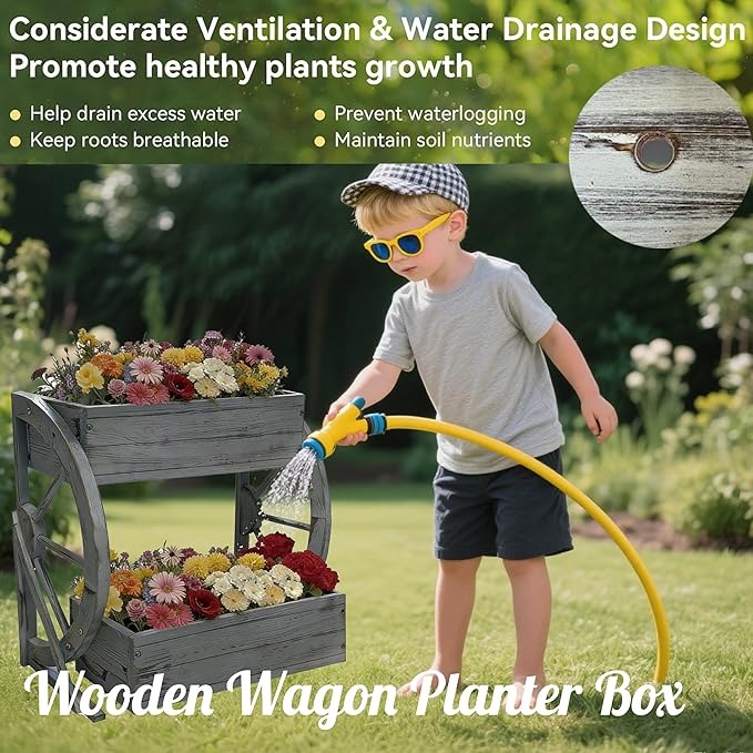 2 Tier Medium Wooden Wagon Planter Box|Outdoor Planter/Flower Pot for Indoor&Outdoor Plants-Rustic Garden Planter for Patio,Porch&Garden Decor-Raised Garden Bed for Succulents,Herbs,Vegetables