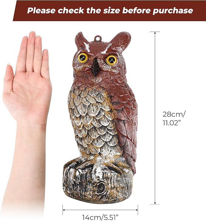 Owl Deterrent 11 Inch – Plastic Fake Decorative Bird Scarecrow Protection, Nature’s Enemy Pest Repellent to Scare Birds Away, Outdoor Garden Yard Protector Statue, Realistic Eyes, Home Halloween Decor