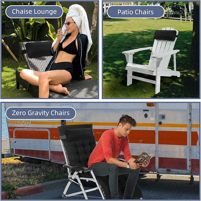 Chaise Lounge Head Pillow, 2 Pack Outdoor Patio Pillows with Adjustable Strap, Lounge Head Resting Pillow for Recliner Beach Pool Lounger Office Chair(Black,Water Resistant)