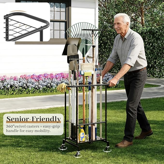 Garden Tool Organizer with Wheels, Heavy Duty Metal Garage Tool Storage Rack, Yard Tool Holder for Long-Handled Tools, Rakes and Brooms, Indoor and Outdoor Use for Shed, Patio