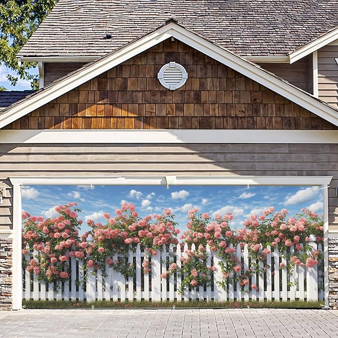 7 * 16FT Summer Garage Door Cover Decorations Sunset Palm Trees Garage Door Banner for Outdoor Indoor Summer Party Photography Backdrop (rose, 7 * 16 ft)