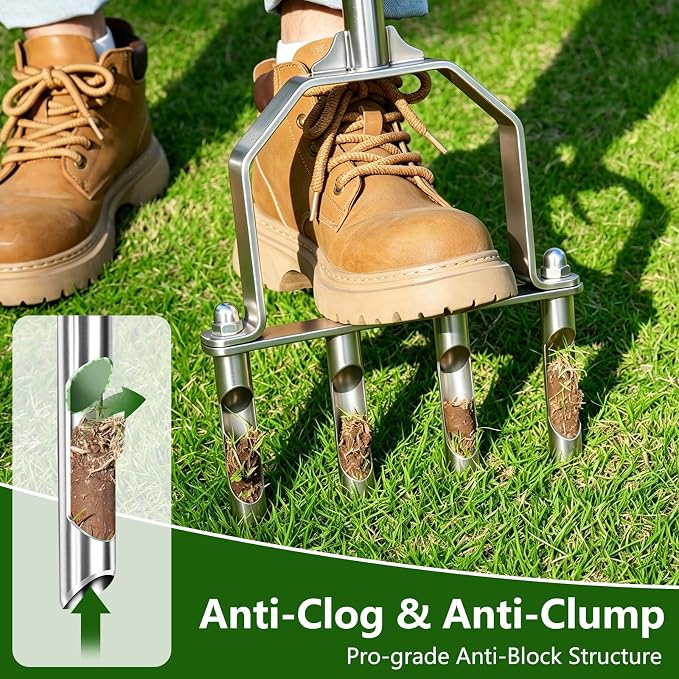 Bigwish Stainless Steel Aerator Lawn Tool with 4 Heavy-Duty Hollow Tines,Anti-Clogging Core Aerator,Ergonomic Design Lawn Aerator,Semi-Assembled Lawn Aerator Tool for Lawn Garden Yard Patio
