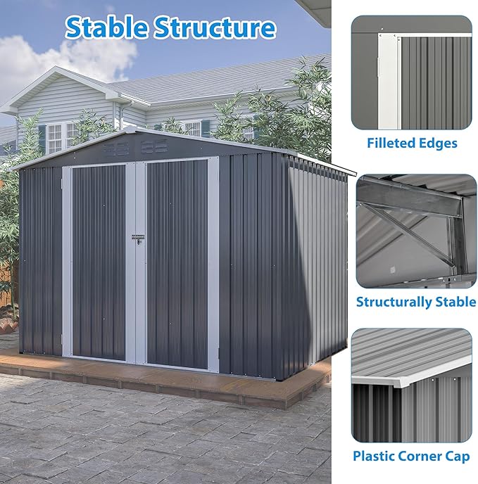 KEIKI Storage Shed 8x6 FT, Large Metal Tool Shed for Outdoor Storage, Galvanized Steel Garden Shed with Lockable Doors for Patio, Backyard, Lawn, Grey