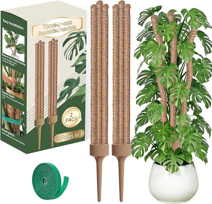 3 Moss Poles in 1, Bendable Monstera Plant Support, 30IN Tall Plant Stakes for Indoor Plants, Coir Pole Plant Support for Climbing Plants, Pothos, Philodendron-2 Pack