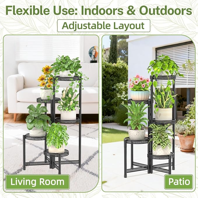 iDavosic.ly Plant Stand Indoor Outdoor, 5 Tier Corner Metal Flower Display Holder Shelf, Folding Tall Orchid Rack for Patio Balcony Porch Garden Living Room House, Wrought Iron - Modern Black