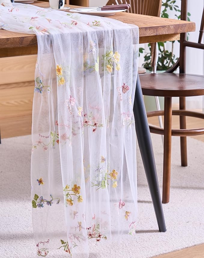 vctops 2 Packs Embroidery Lace Spring Table Runner 10ft Floral Garden Seasonal Tulle Table Runner Holiday Kitchen Dining Table Decoration for Wedding Party Baby Shower Birthday (White,30"x120")