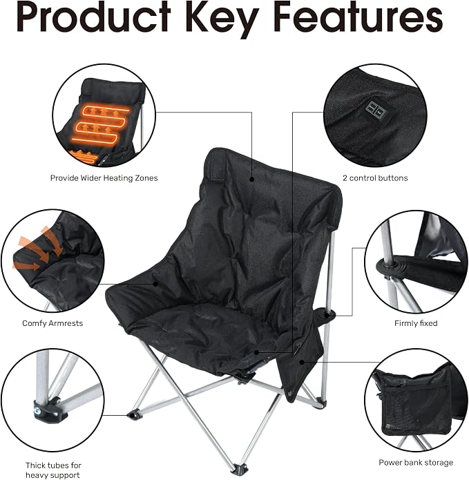 SunSettler Heated Camping Chair, Oversized Heated Outdoor Chairs for Adults with 3 Heat Levels, Portable Folding Padded Chair for Camp, Lawn, Sports (Battery NOT Included) (Black, Small)