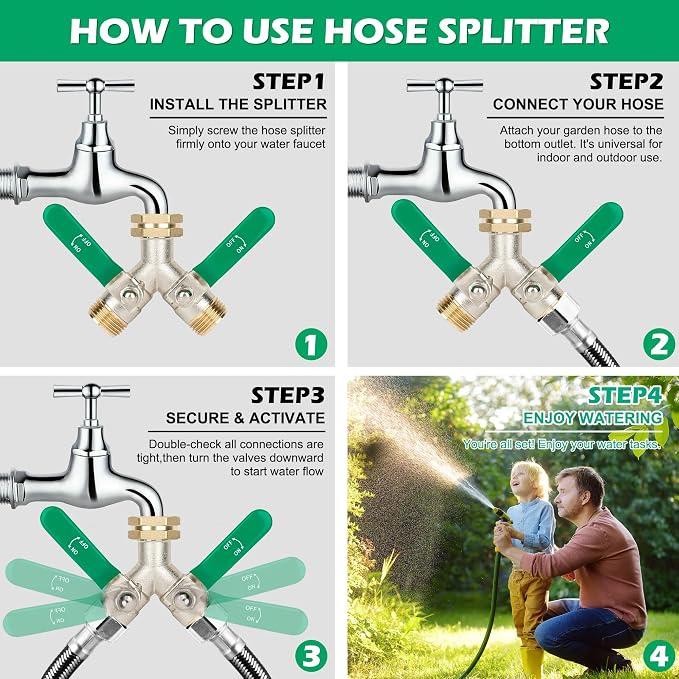 Love Is War 2 Way Y Garden Hose Splitter, 3/4" GHT Thread Brass Hose Connector, High Flow Outdoor Faucet Splitter for RV Yard Garden Watering