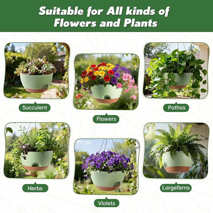 4-Piece Set of 8-Inch Hanging Planters with Automatic Watering System and Drip Tray, Includes Metal Chain, Suitable for Various Indoor and Outdoor Plants and Flowers, Green-Brown