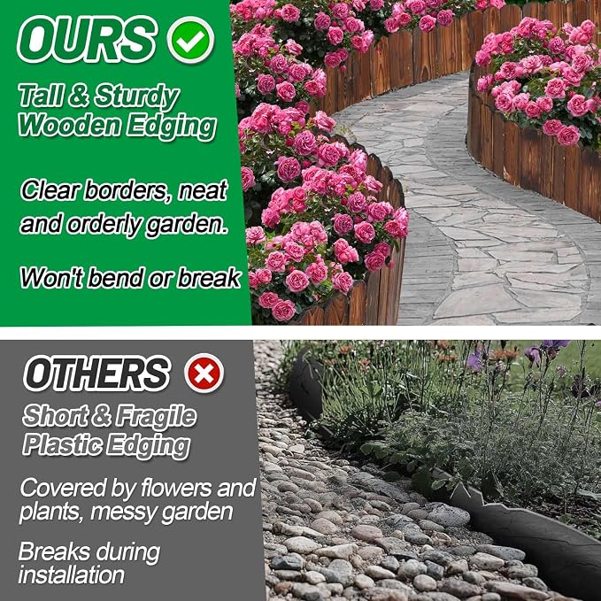Wooden Garden Edging - 3.9ft x 8in Weather-Resistant Pine Landscape Border Fence for Outdoor Patio Lawns Yard Flower Beds Decoration