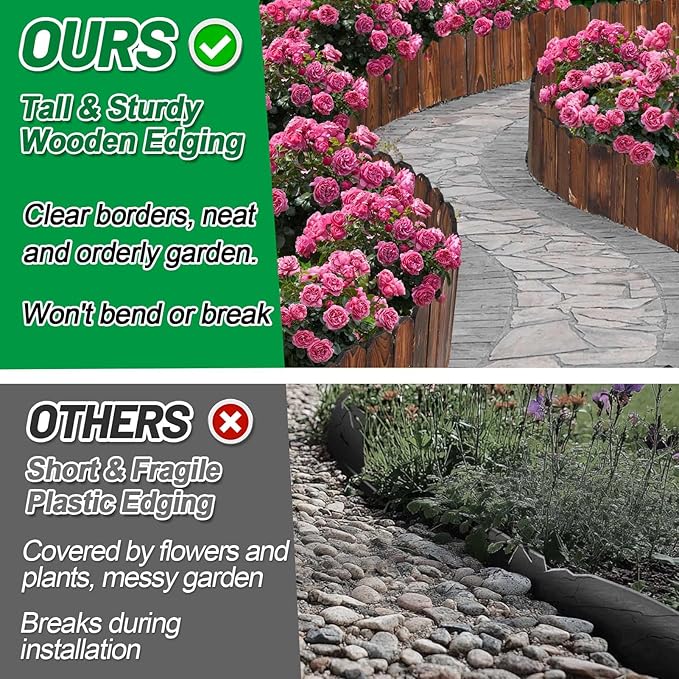 Wooden Garden Edging - 2pcs 7.9ft x 8in Weather-Resistant Pine Landscape Border Fence for Outdoor Patio Lawns Yard Flower Beds Decoration