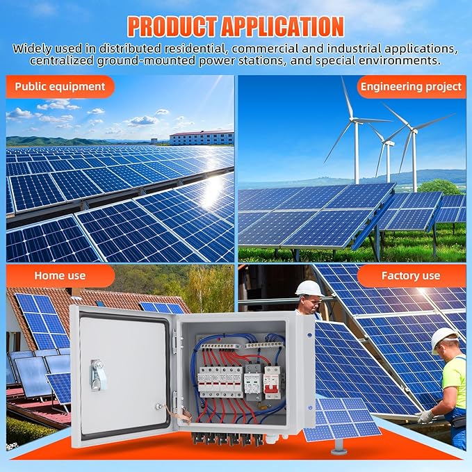 Doniks 6 String Metal Solar Combiner Box, IP65 Waterproof PV Combiner Box with 20A Rated Current Fuse, 63A Air Circuit Breaker,Lightning Arrester, Metal Box for On/Off Grid Solar Panel System