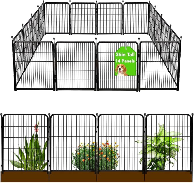 Getlay Doorless Garden Fences and Borders for Dogs, 36in(H) 14 Panels Total 31 Ft(L), Black Metal Decorative Garden Fencing, Flower Bed Fencing, Dog Digging Fence Barrier, Rabbit Fence for Flowers