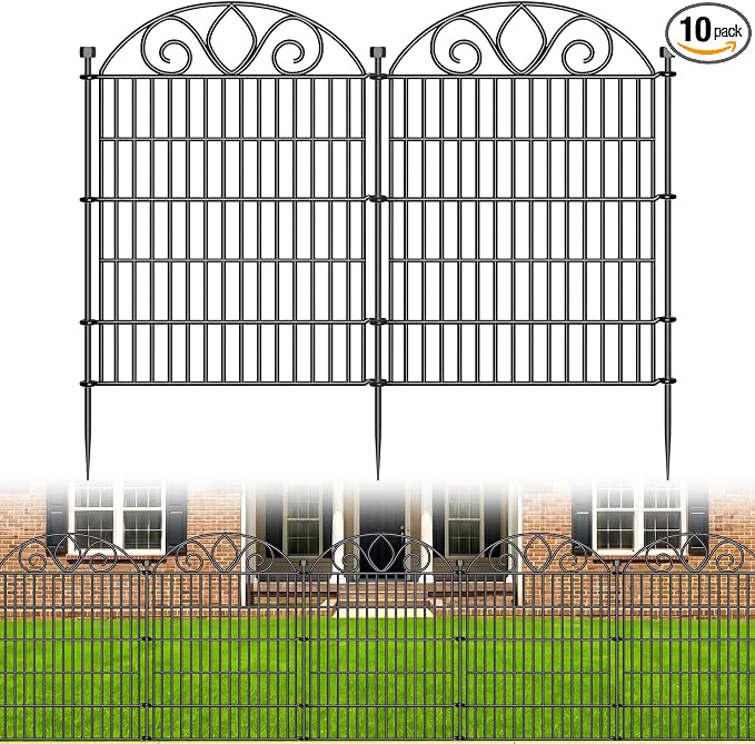 10-Panel No-Dig Tall Garden Fence – 34″H x 22′L Rustproof Metal Dog Fence, Decorative Yard & Garden Animal Barrier, Easy Install Outdoor Pet & Flower Bed Border, Temporary Fence