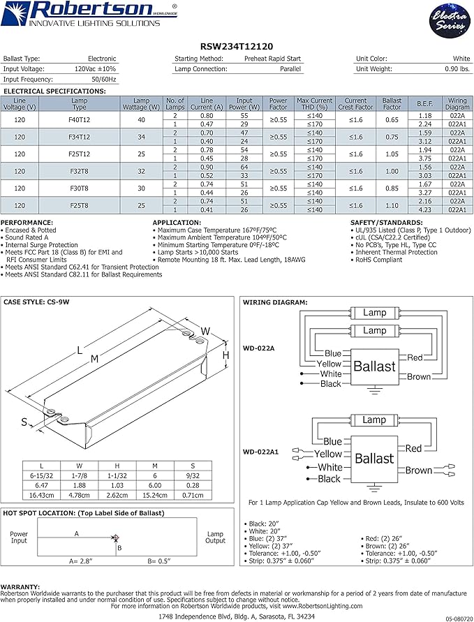 Robertson RSW234T12120 (3P20132) Fluorescent Electronic Ballast, 120Vac, for 1 or 2 T8 Lamps between 25W to 32W, or 1 or 2 T12 Lamps between 25W to 40W, Preheat Rapid Start Operation (Qty 1 ea.)