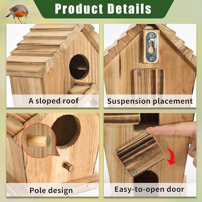 Bird Houses for Outside, Wooden Outdoor 2 Hole Bird House, Can Accommodate 2 Bird Families Suitable for Bluebird,Finch,Cardinals, Garden Hanging Birdhouse No Assembly Required