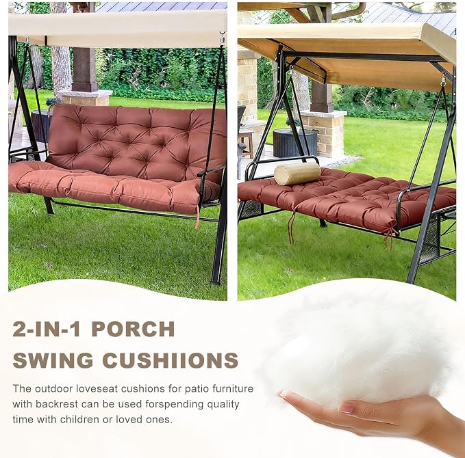 Porch Swing Cushion with Backrest,Waterproof Bench Cushion for Outdoor Furniture,2-3 Seater Replacement Thickened Swing Cushion with Ties,Patio,Outdoor,Backyard and Garden (Coffee,60x40)