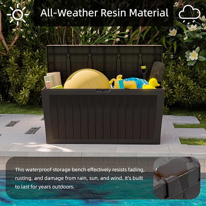 71 Gallon Resin Deck Box，Outdoor Storage Box, Waterproof Lockable Large Storage Bench for Patio Furniture, Pool Accessories & Garden Tools, Brown