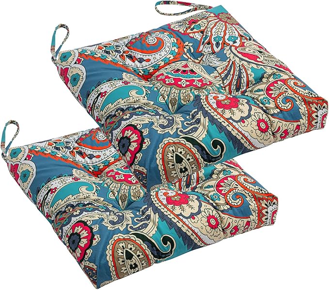 2-Pack Outdoor/Indoor Wicker Patio Seat Cushion Pad with Ties - Dining Chair Cushion, 17" x 17" (Blue Trumpet Flowers)