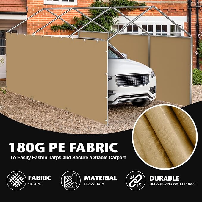 Carport Replacement Canopy Sidewall 20x6.6FT Fits 10x20,12x20,13x20,20x20FT Carport, Waterproof & UV Protected, with Ball Bungees (Only Sidewall, Frame Not Include) (Khaki, Sidewall 1 Pack)