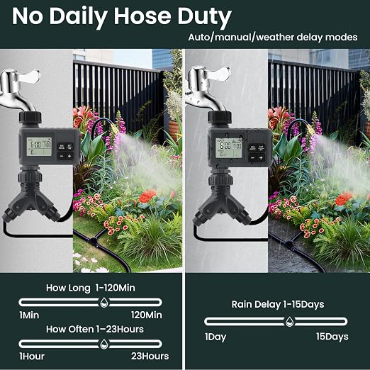 100FT Smart Drip Irrigation System with Water Timer – Automatic Garden Watering System with 360° Bendable Hose & 24 Adjustable Nozzles for Garden, Yard, Lawn,Compatible with 3/4" & 1/2" Hose