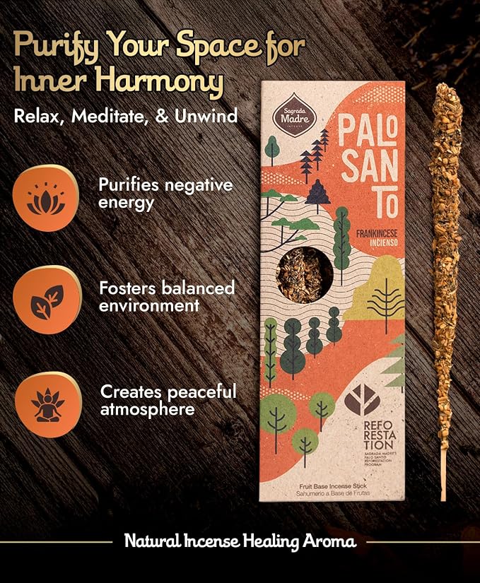 Sagrada Madre 4pcs Wildly Harvested Palo Santo Incense Sticks (Frankincense), 6.7” Long - Non-Toxic, Aromatic Incense Sticks (50 min Approx. Burning Time) to Heal & Calm Your Body and Environment