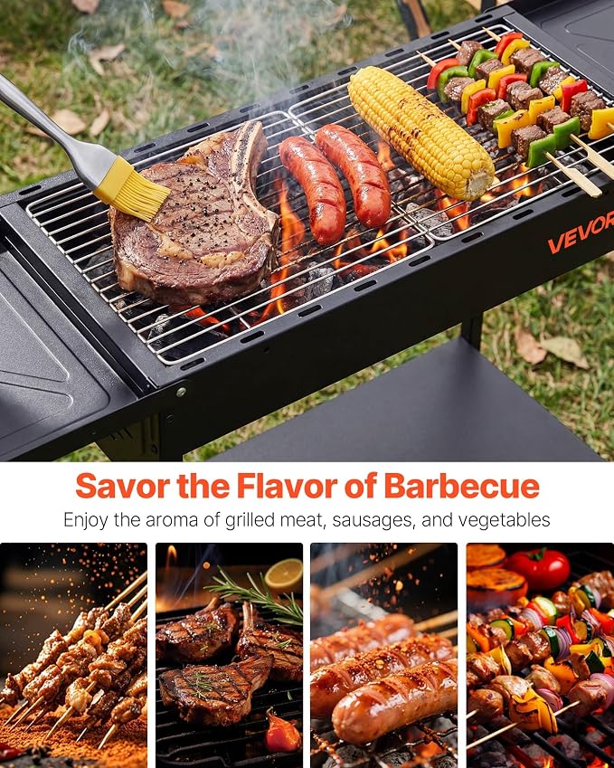 VEVOR Foldable Charcoal Grill, Portable Charcoal Barbecue Grill with Adjustable Height & Folding Side Tables, High-Temp Powder-Coated Steel Outdoor BBQ Grills for Camping Backyard Parties